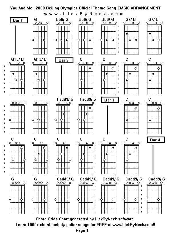 Chord Grids Chart of chord melody fingerstyle guitar song-You And Me - 2008 Beijing Olympics Official Theme Song- BASIC ARRANGEMENT,generated by LickByNeck software.